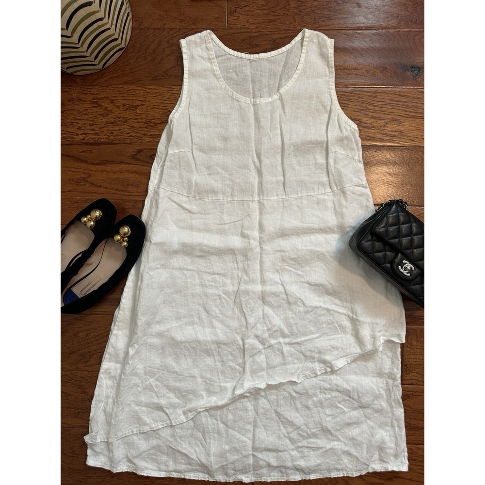 Match Point Womens 100% Linen Dress White Asymmetric Hem Layered Made in Italy